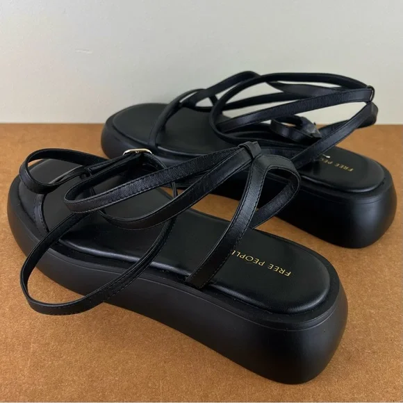 NEW FREE PEOPLE BLACK LEATHER STRAPPY PLATFORM SANDALS - Picture 6 of 13